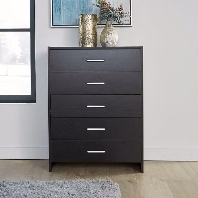 Home Source 5 Drawer Oak and Black Bedroom Chest and Storage Organiser – 1