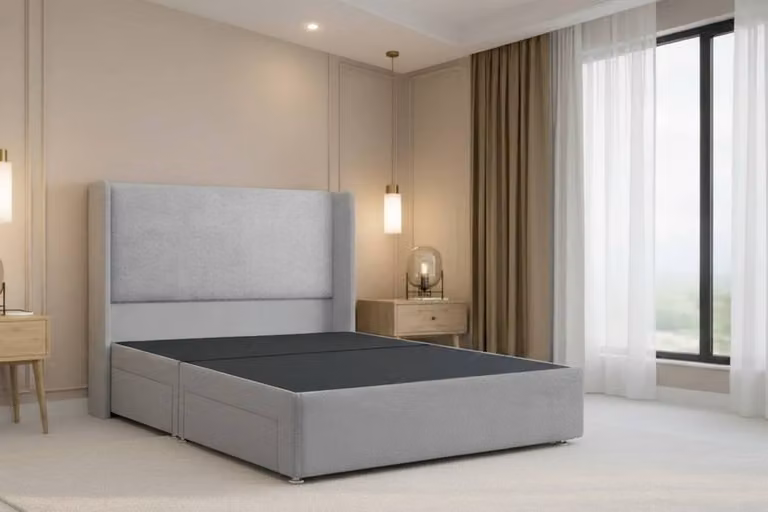Chester & Oakley Velora Plush Divan Bed Base with Winged Headboard in Silver, W/D/H: 120 x 200 cm