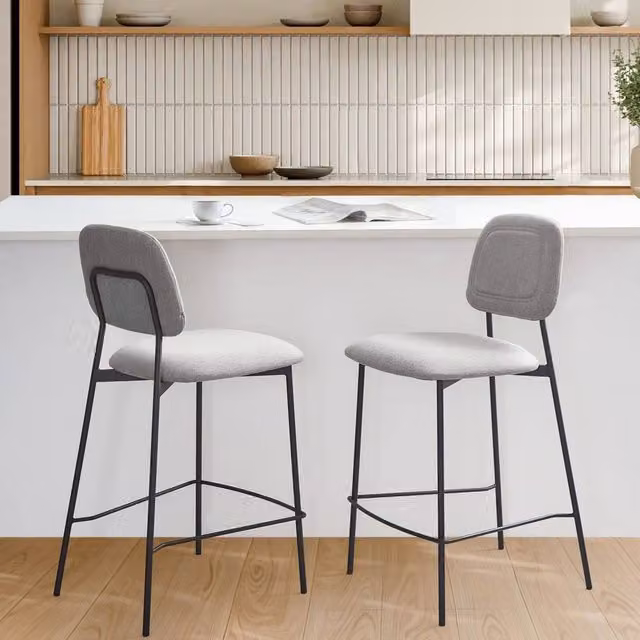 Wyld and Coco Set of 2 Modern Bar Chairs in Light Grey Faux Linen with Black Iron Frame – 1