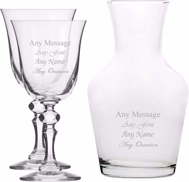 Uniqueful Personalised Crystal Jasmine Wine Glasses and Vin Carafe Set, Clear