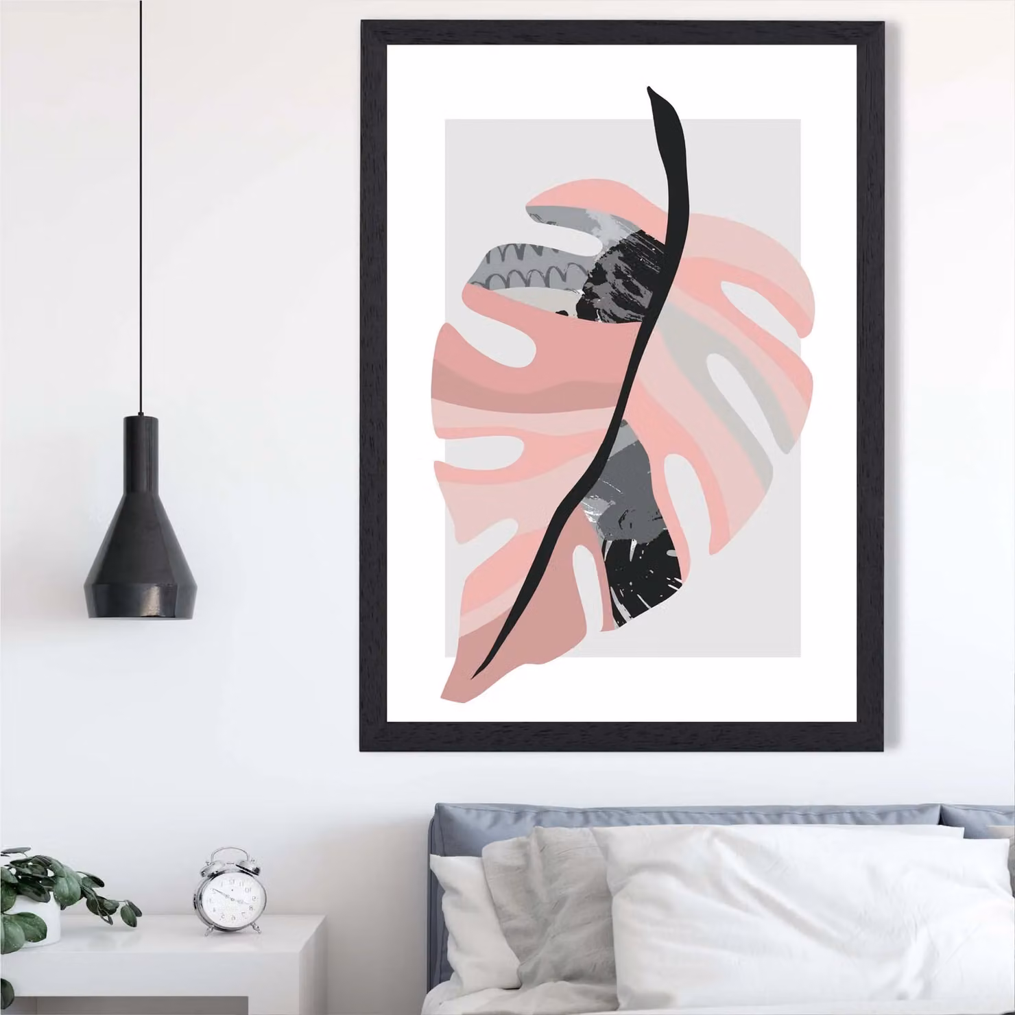 ARTZE Tropical Monstera Grey and Pink Boho Botanical Framed Print, A4, Black Frame – 2