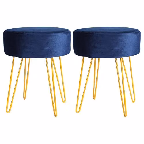 Harbour Housewares Round Velvet Footstools in Blue with Gold Legs, Pack of 2, H41 x D45 cm – 1