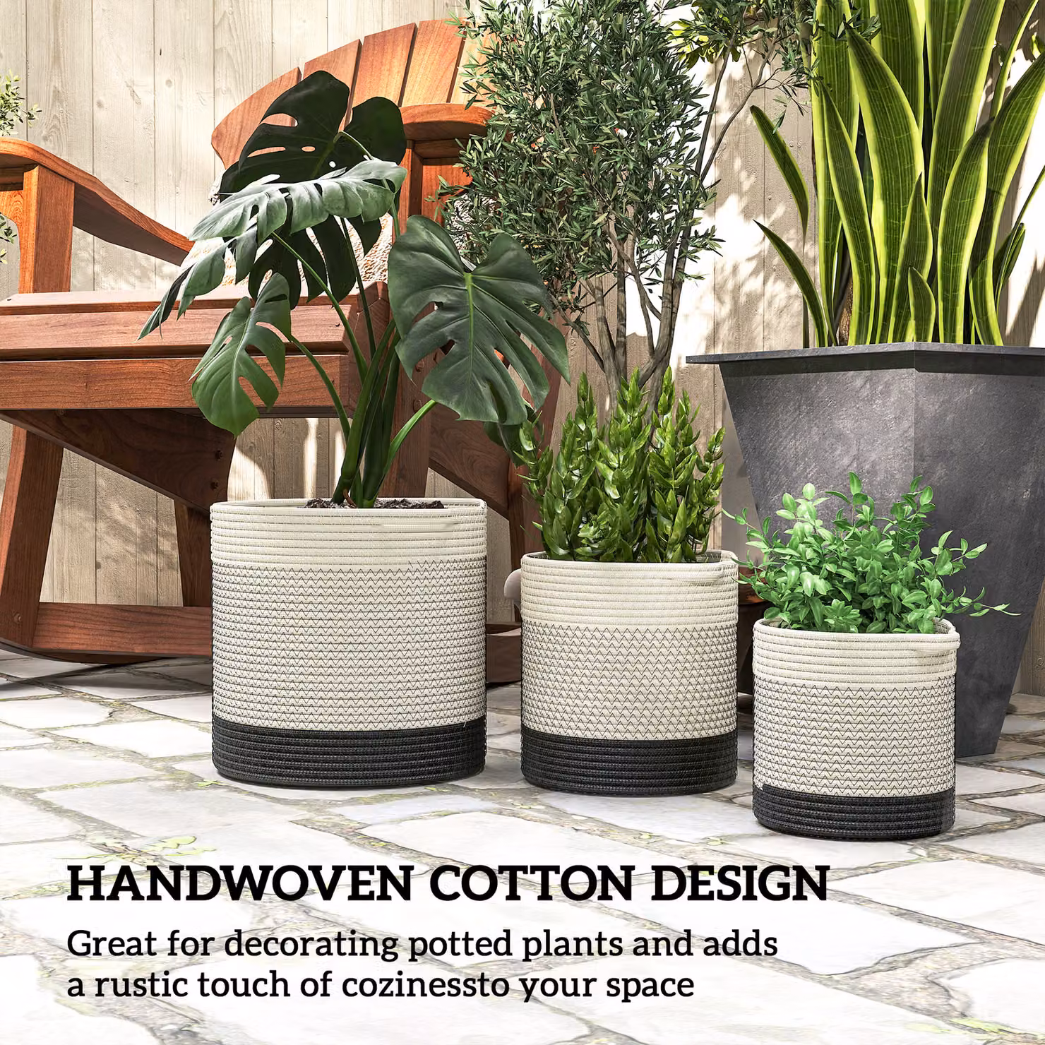 Outsunny Set of 3 Handwoven Cotton Indoor Planters with Waterproof Liner, White – 4