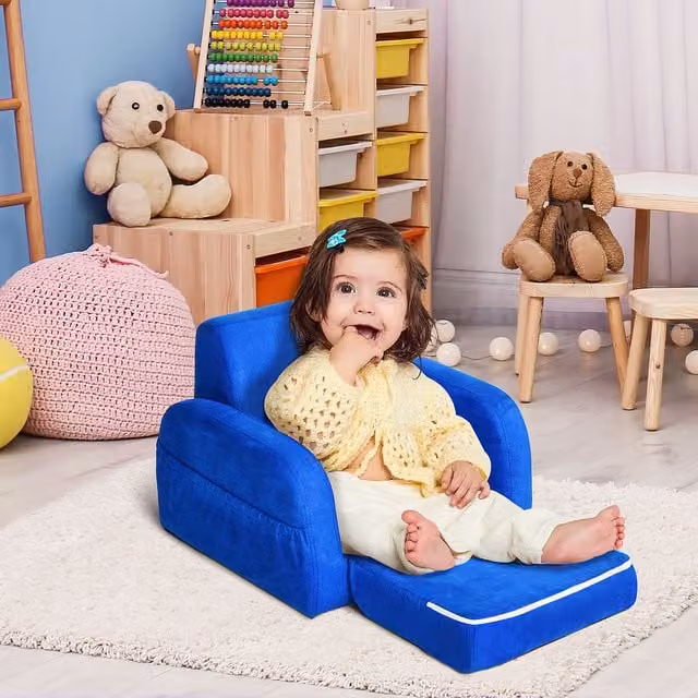 HOMCOM 2-in-1 Blue Velvet Kids Armchair with Solid Wood Frame