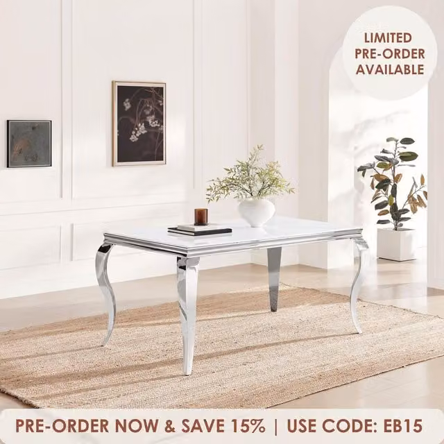 FurnitureboxUK Skye Rectangular 6 Seater Dining Table with White Marble Effect Glass and Metal Base in White, Grey and Silver