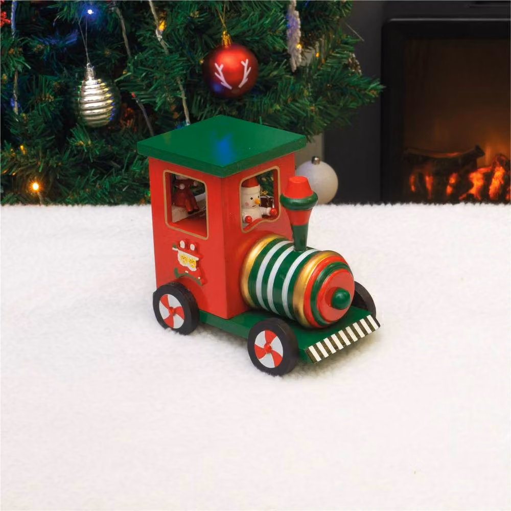 mysmartbuy Wooden Christmas Train Music Box in Red and Green, Wind-Up Tabletop Ornament – 3