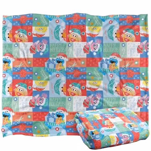 LOGOVISION Sesame Street Happy Holiday Squares Pattern Super Soft Fleece Throw Blanket, Multicolour, W/D/H: 152 x 127 cm – 1