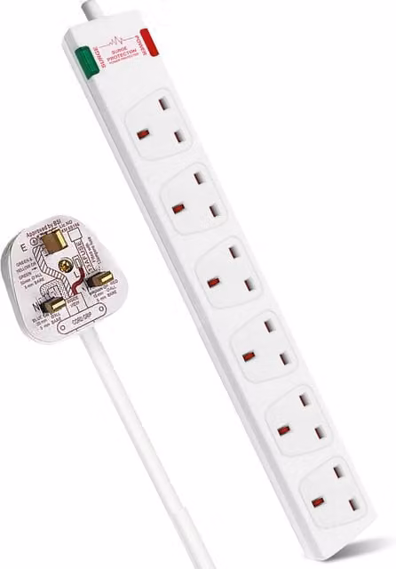 ExtraStar 6 Gang Surge-Protected Extension Lead, White, 1m