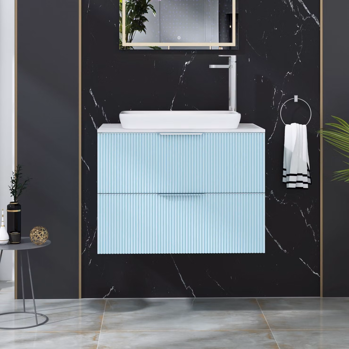 Royal Bathrooms Evora 700mm Powder Blue Fluted Wall Hung Vanity Unit with 2 Drawers and Qubix Basin
