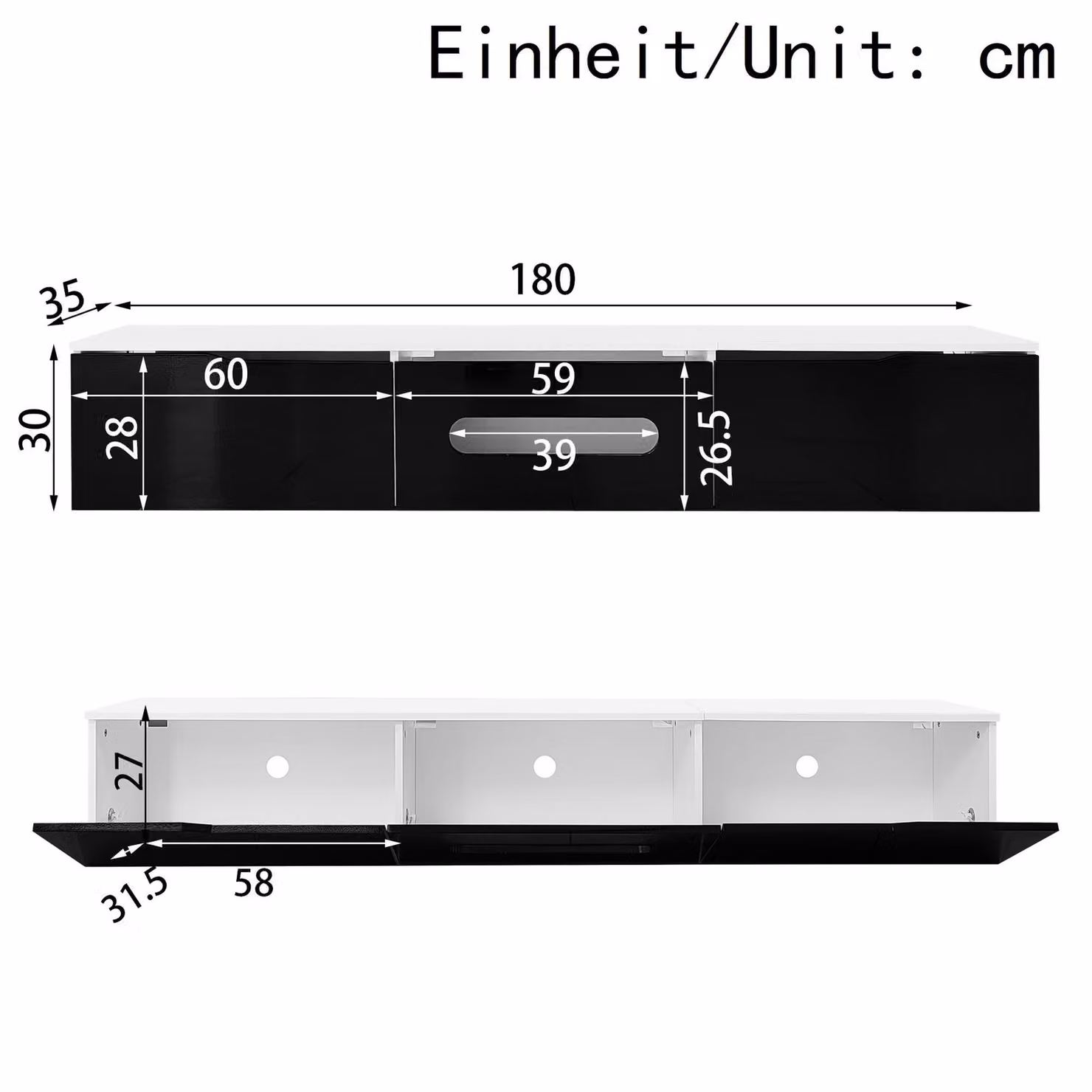 Aosom UK Modern Glossy TV Cabinet with 3-Door Soft-close Storage and APP-controlled LED Lighting, Black and White, W: 180 cm, D: 35 cm, H: 30 cm – 3