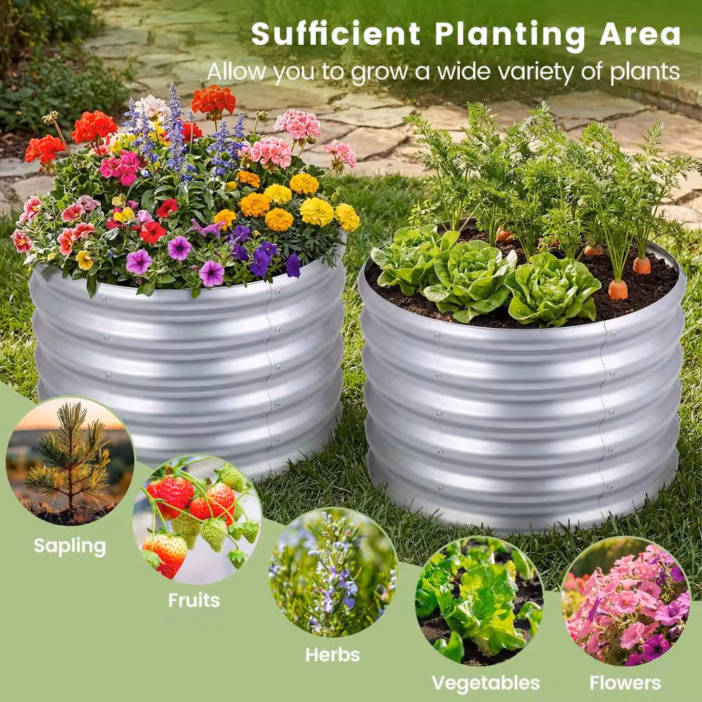Costway Galvanised Steel Round Raised Garden Bed Planter Box in Silver – 5