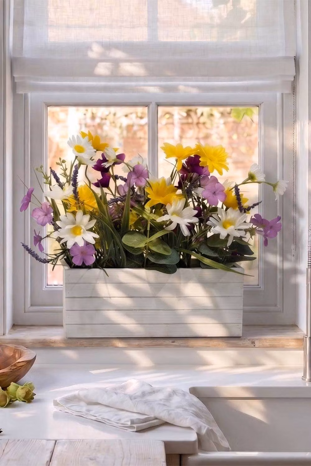 Homescapes Artificial Spring Flowers in a Rustic Trug, Mixed Yellow and Multicolour Floral Arrangement, 30 cm – 2