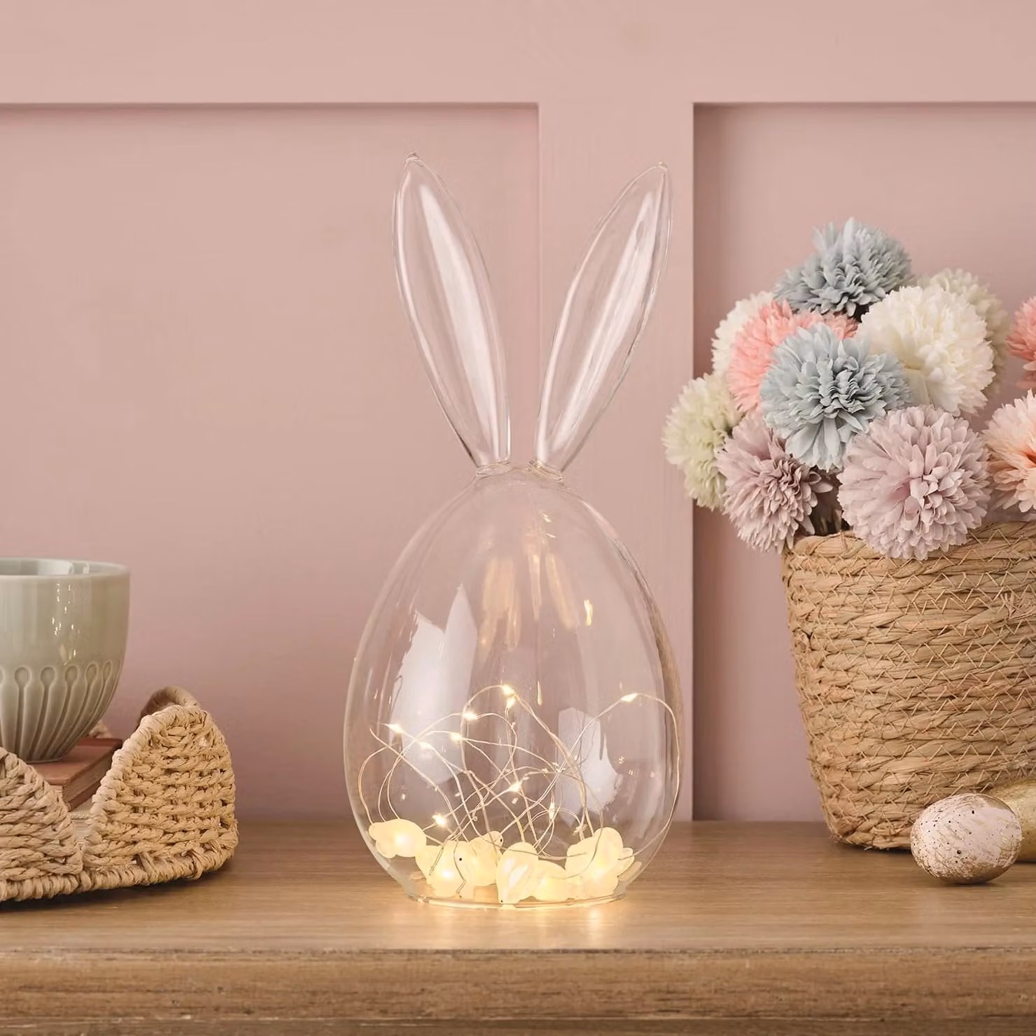 Glass Bunny Dome with Warm White LED Micro Lights in Transparent Glass