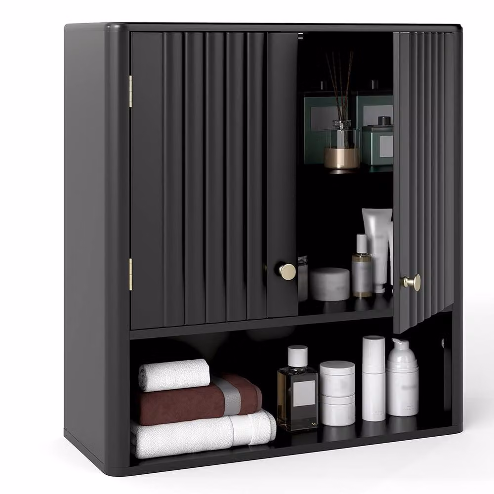 Costway Modern Fluted Black Wall Mounted Double Door Bathroom and Kitchen Cabinet with Internal Shelves – 3