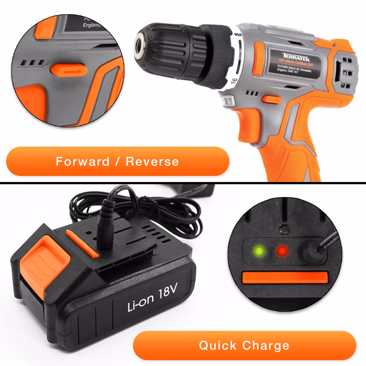 Terratek 89pc 18V Cordless Drill and Drill Bit Set with Battery and Charger, Orange – 3