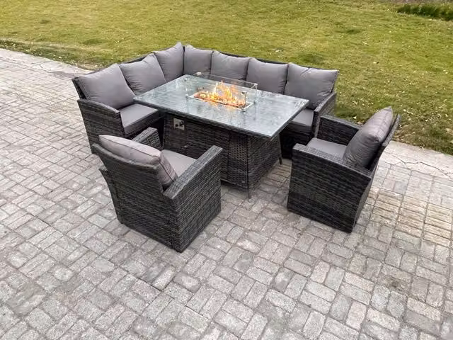 Fimous 8 Seater Rattan Garden Furniture Set with High Back Corner Sofa, 2 Armchairs and Gas Fire Pit Dining Table in Dark Grey
