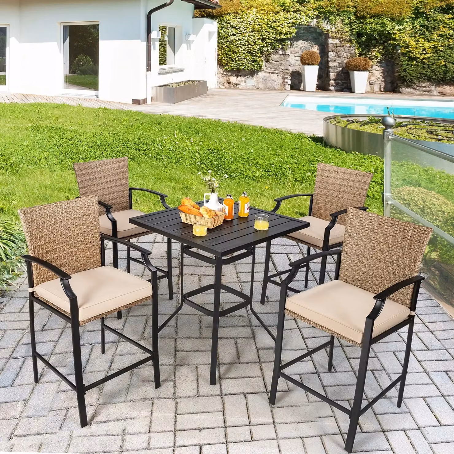 Costway 5 Piece Outdoor Bistro Set with 4 Rattan Chairs and 1 Bar Table in Multicolour – 3