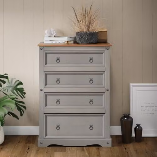 Mercers Furniture Corona 4 Drawer Chest in Grey Waxed Solid Pine, H 113 cm x W 82 cm x D 40 cm – 1