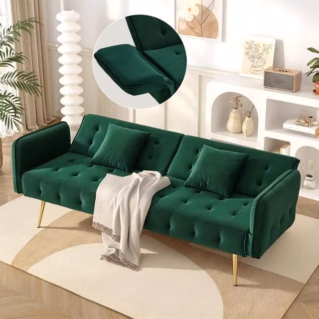 Aosom UK Green Velvet Click Clack Sofa Bed with Gold Accents and Scatter Cushions, W/D/H: 178 x 82 x 70 cm