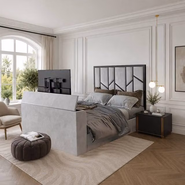 KDMD Alderley Luxe Upholstered Silver Television Bed Frame, Super King, W/D/H: 200 x 152 x 198 cm