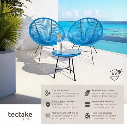 tectake Retro Garden Bistro Set with Blue Oval Glass Table and 2 Chairs – 2