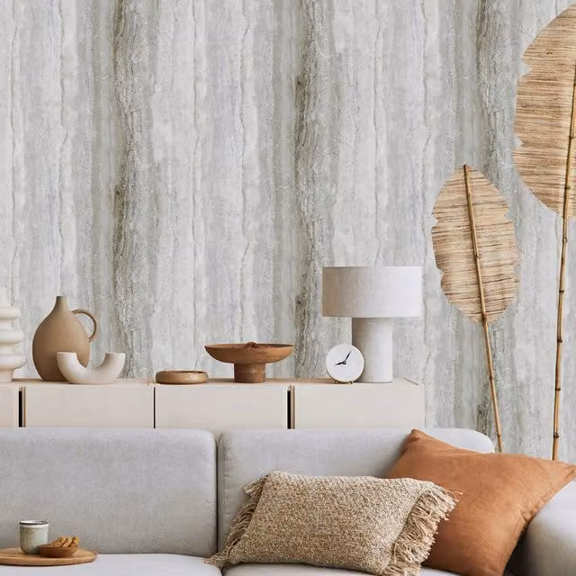 Debona Abstract Vertical Marble Textured Wallpaper in Grey, Gold and Beige