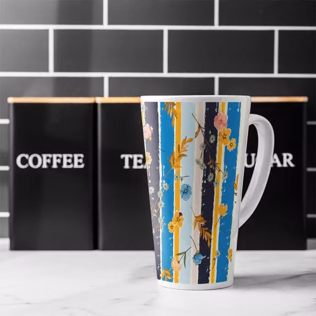 Blue Ceramic Latte Mug with Multicolour Meadow Flowers and Candy Brush Stripe Design