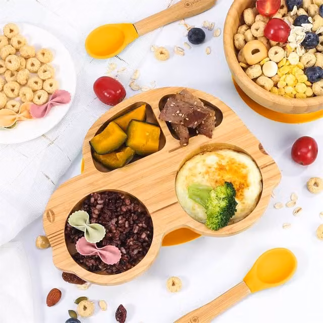 PAWNORA Bamboo Baby Plate, Bowl and Spoon Set in Yellow