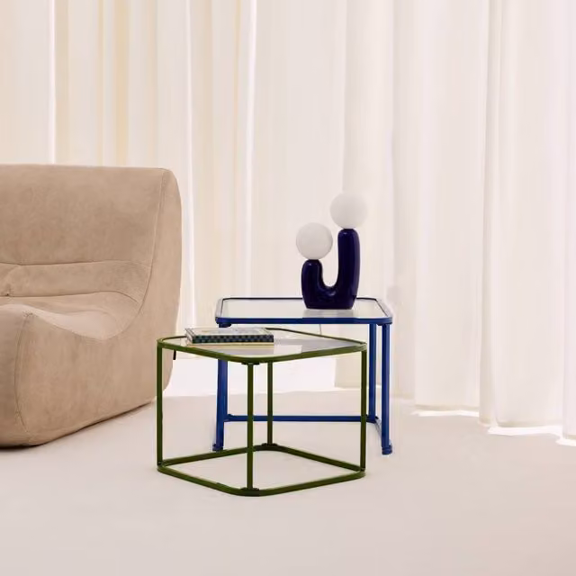 sweeek Set of 2 Modern Square Nesting Tables with Blue Ribbed Glass and Metal Frames