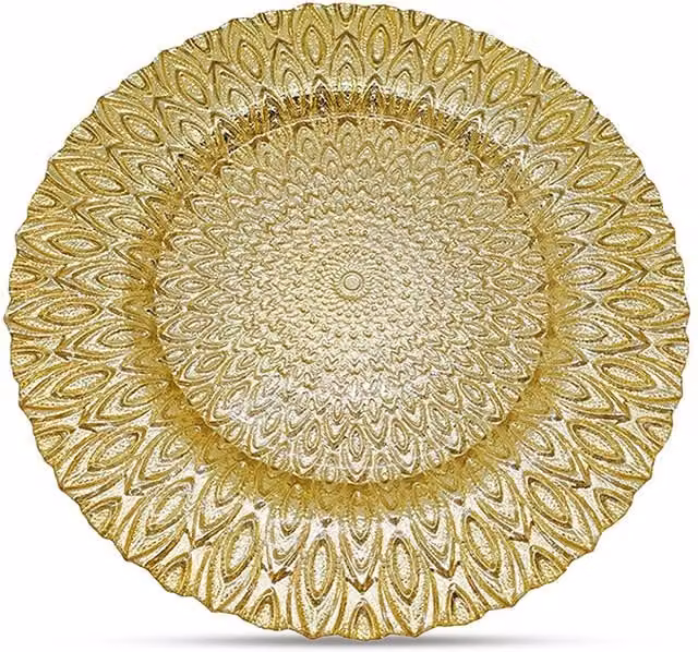 Neel Blue Set of 12 Peacock Design Glass Charger Plates in Blue and Metallic Gold, Diameter: 33 cm