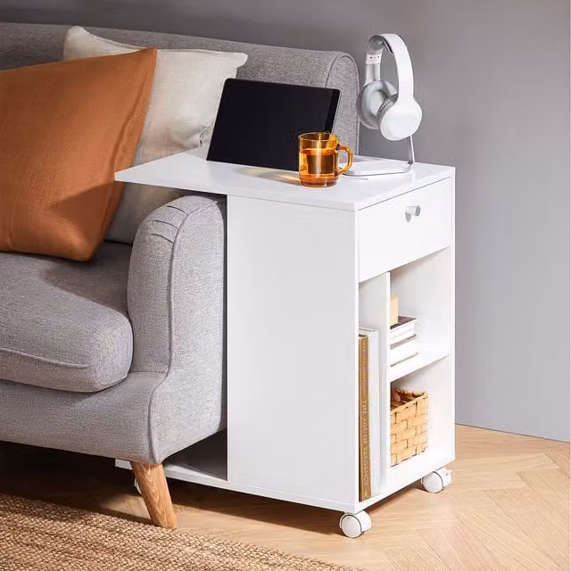 SoBuy Mobile C-shaped Side Table with Tablet Holder and Shelves in White