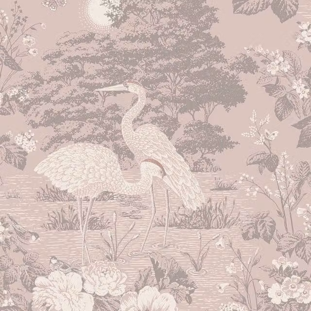 Belgravia Izumi Crane Pink Floral Animal Pattern Matt Paper Wallpaper Roll