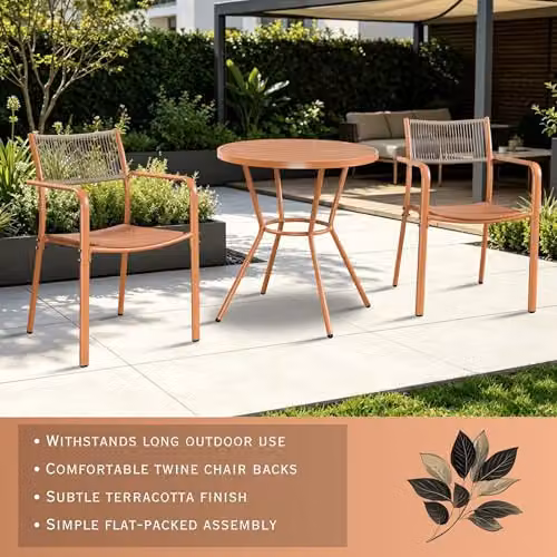 Core Products 3-Piece Bistro Garden Set with Round Metal Table and Two Rope-Effect Armchairs in White and Green – 2