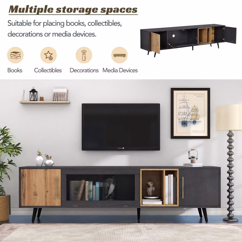 HomeTouch Modern Wood and Grey Grain TV Unit with Large Storage Space – 4