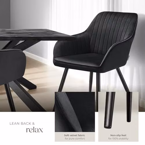 tectake Dining Chair with Quilted Velvet-Look Cover and Armrests in Black – 5