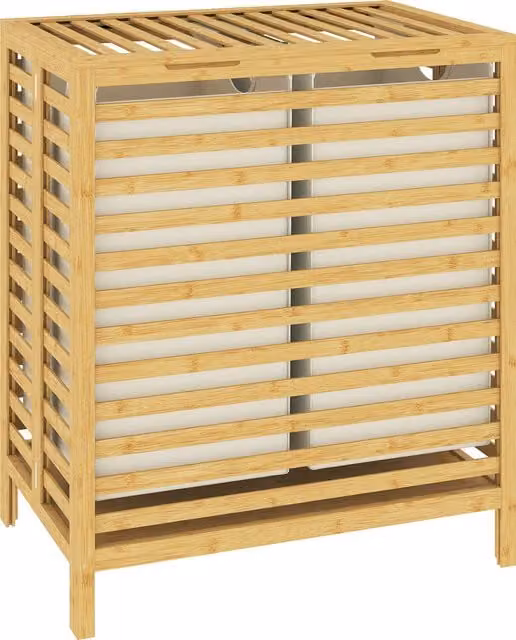 HOMCOM Bamboo Laundry Basket with Lid, 2 Collapsible Baskets with Removable Bags, 64L, Beige and White – 1