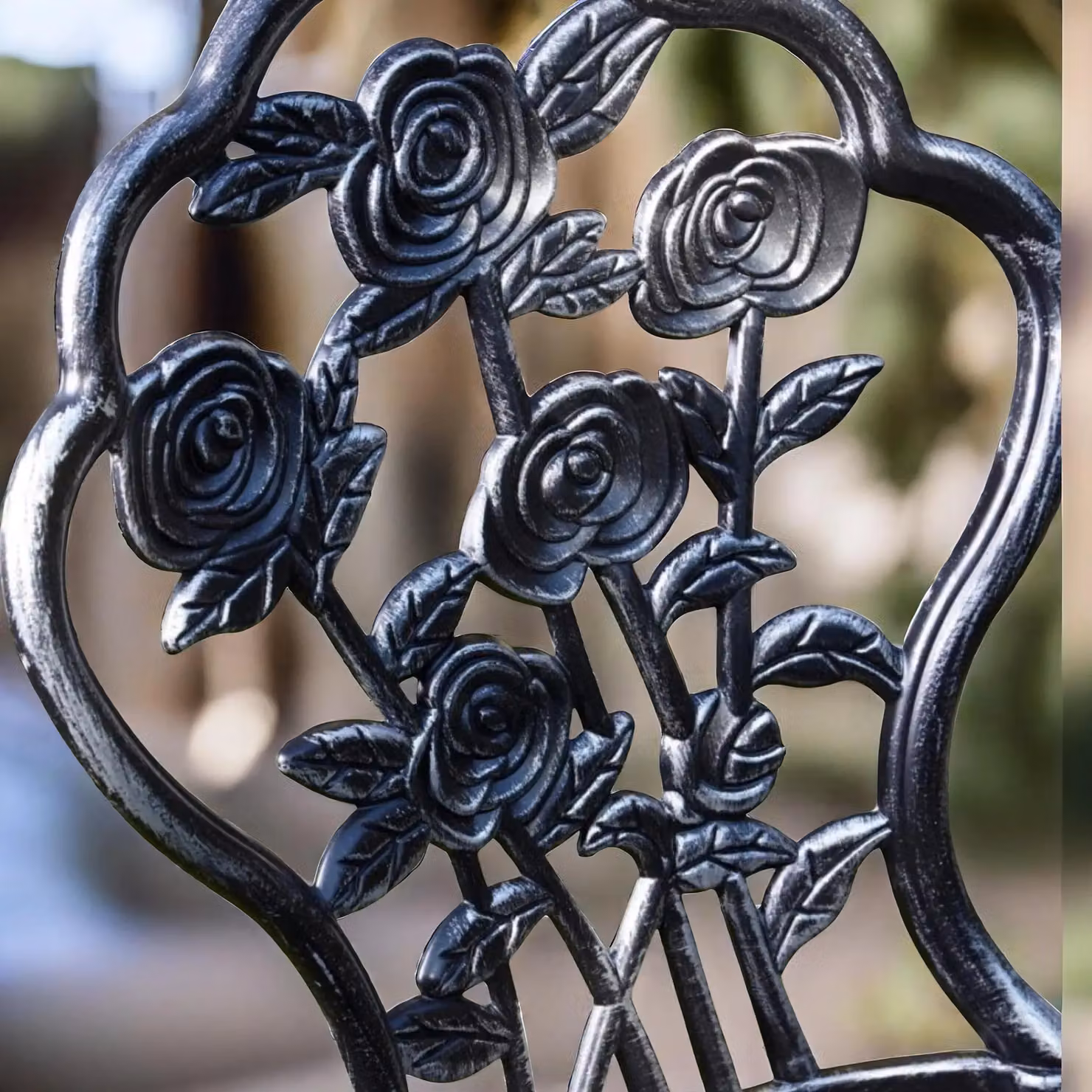 FURNOS Set of 3 Cast Iron Rose Floral Bistro Table and Chairs in Antique Grey – 5