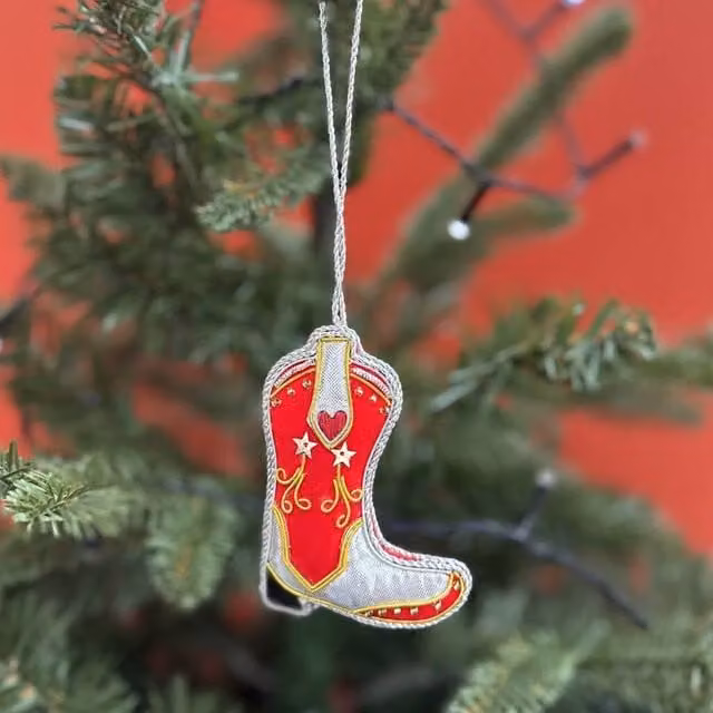 The Alphabet Gift Shop Cowboy Boot Sequin and Fabric Christmas Hanging Bauble in Red, Silver and Gold – 1
