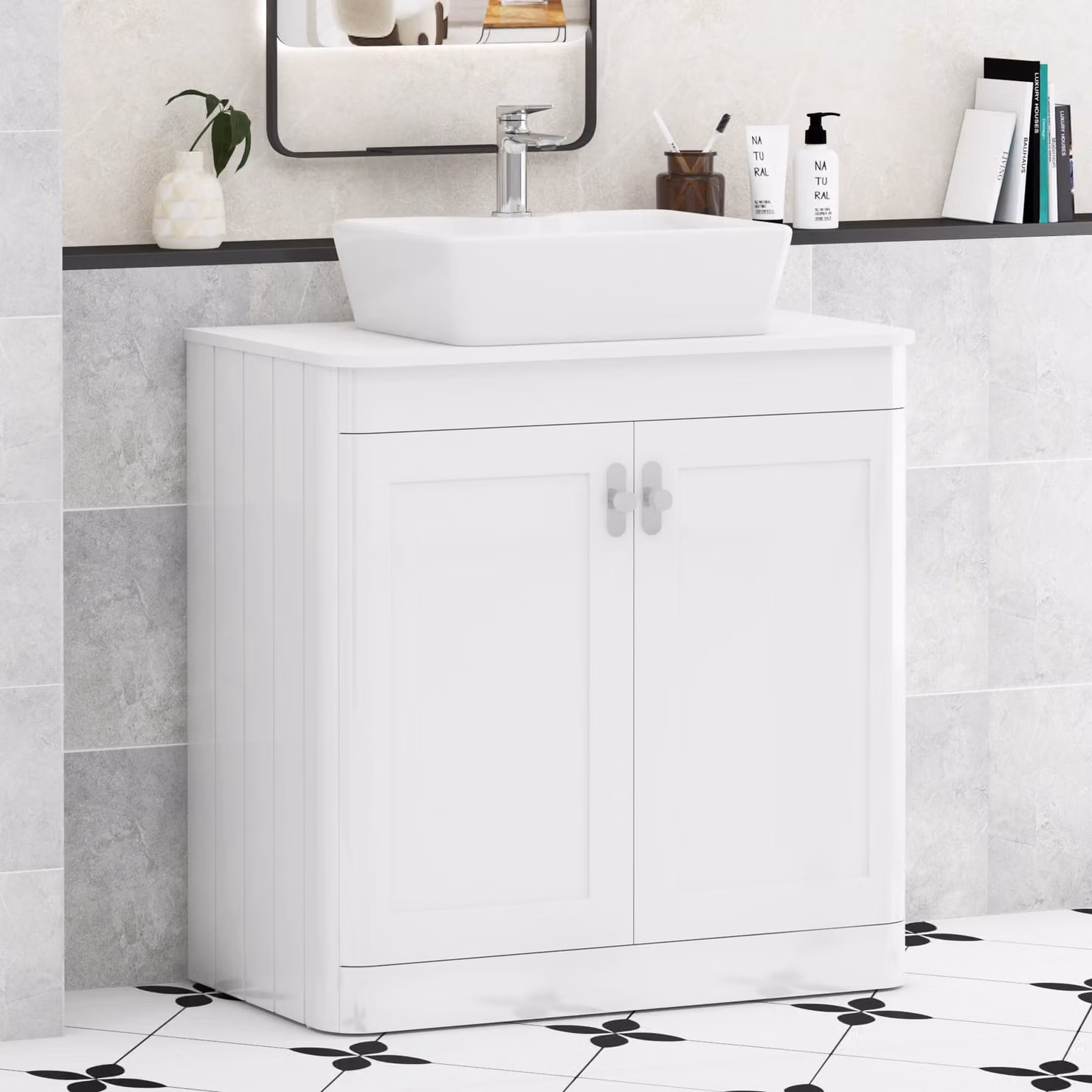 Royal Bathrooms Henley 800mm Gloss White Floor Standing 2 Door Bathroom Vanity Unit with Plain White Worktop and Chrome Knob