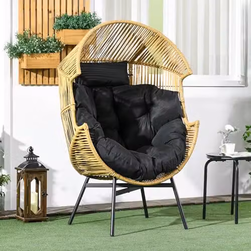 Outsunny Rattan Garden Egg Chair with Adjustable Headrest and Cushions in Sand, Brown or Black – 2