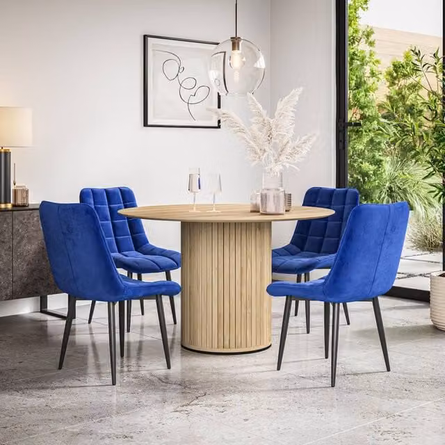 More4Homes Arlo Oak Round Dining Table and 6 Blue Nova Velvet Dining Chairs Set, W/D/H: 120 x 120 x 75 cm – 1