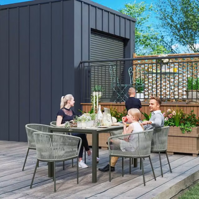 Outsunny 6 Seater Grey Rattan Garden Dining Set with Acacia Wood Table Top