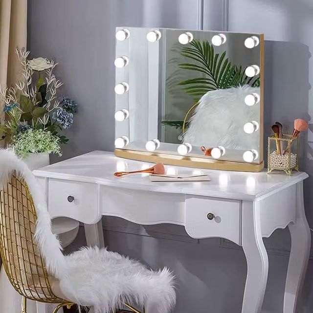 Livingandhome Golden Hollywood LED Tabletop Vanity Mirror in Gold/Brass