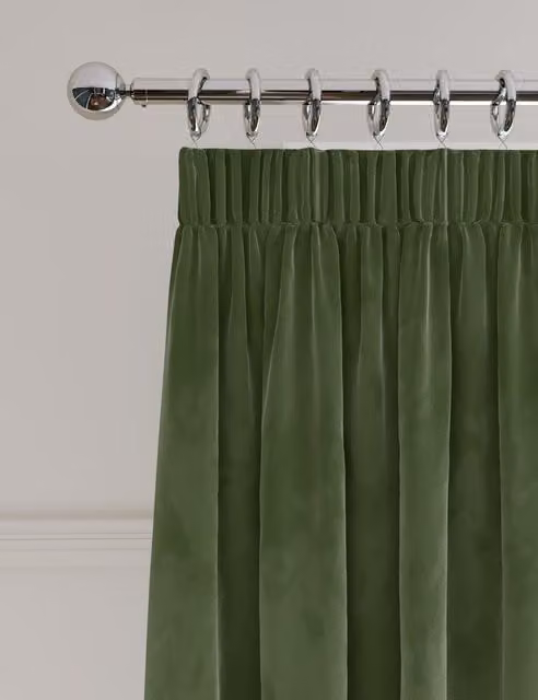 M&S Green Velvet Opaque Pencil Pleat Thermal Insulating Curtains