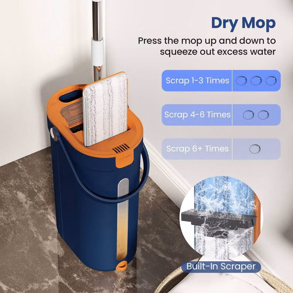 Costway Flat Mop and Bucket Set with 3-Tank Floor Cleaning System, Blue, includes 8 Microfibre Pads – 4