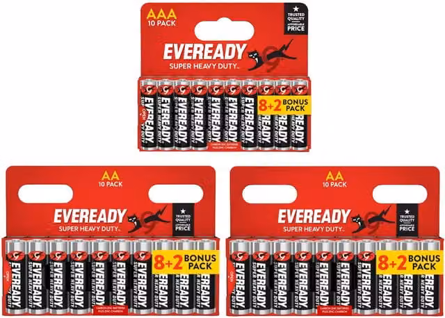 Eveready Super Heavy Duty Zinc Batteries, 30 Pack (20x AA and 10x AAA), Black
