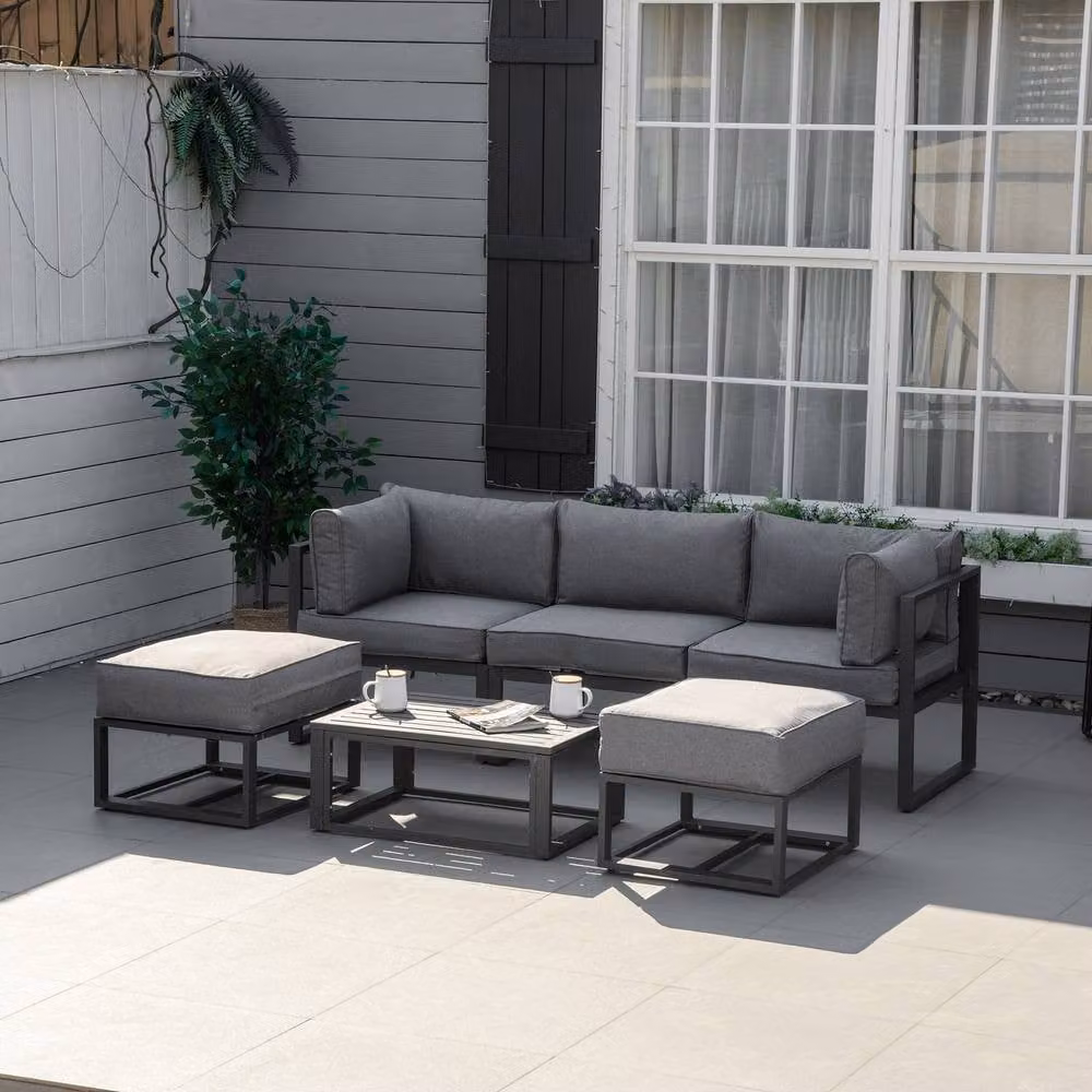 Outsunny 6 Piece L-Shape Outdoor Sectional Sofa Set with Coffee Table and Ottoman in Grey – 3