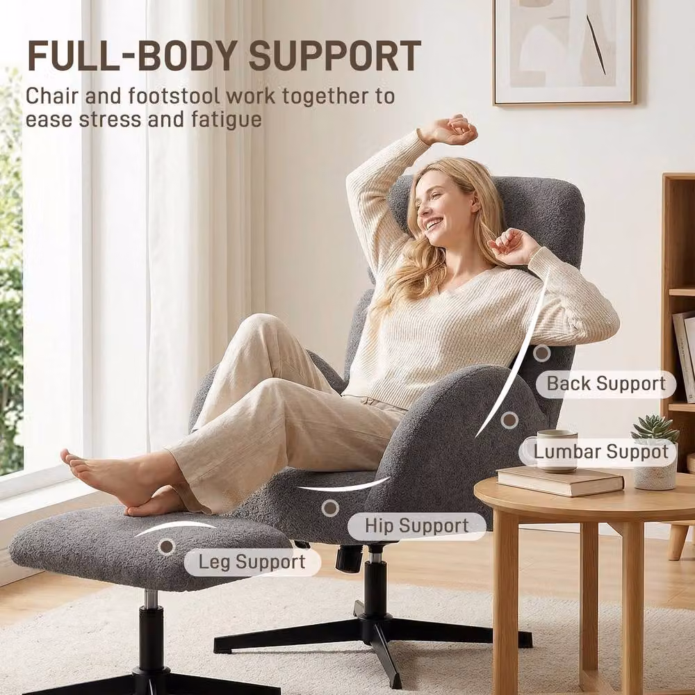 STILVORA Grey Velvet 360 Degree Swivel Armchair and Footstool Set with Metal Frame – 7