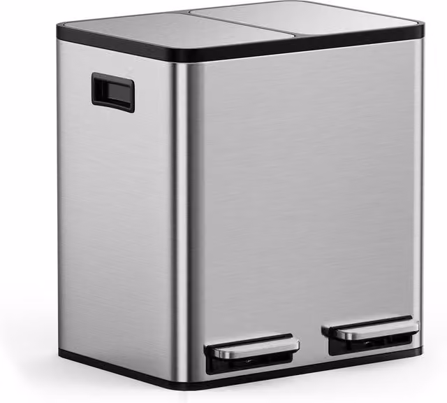 VonHaus 2 Compartment Stainless Steel Pedal Bin with Soft Close and Removable Inner Buckets, Silver, 30l