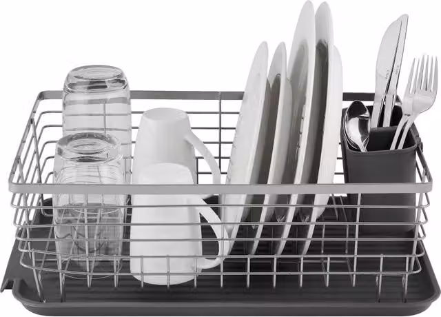 Tower Compact Dish Rack and Cutlery Holder with Removable Drip Tray, Grey, W: 40.0 cm, H: 146.0 cm